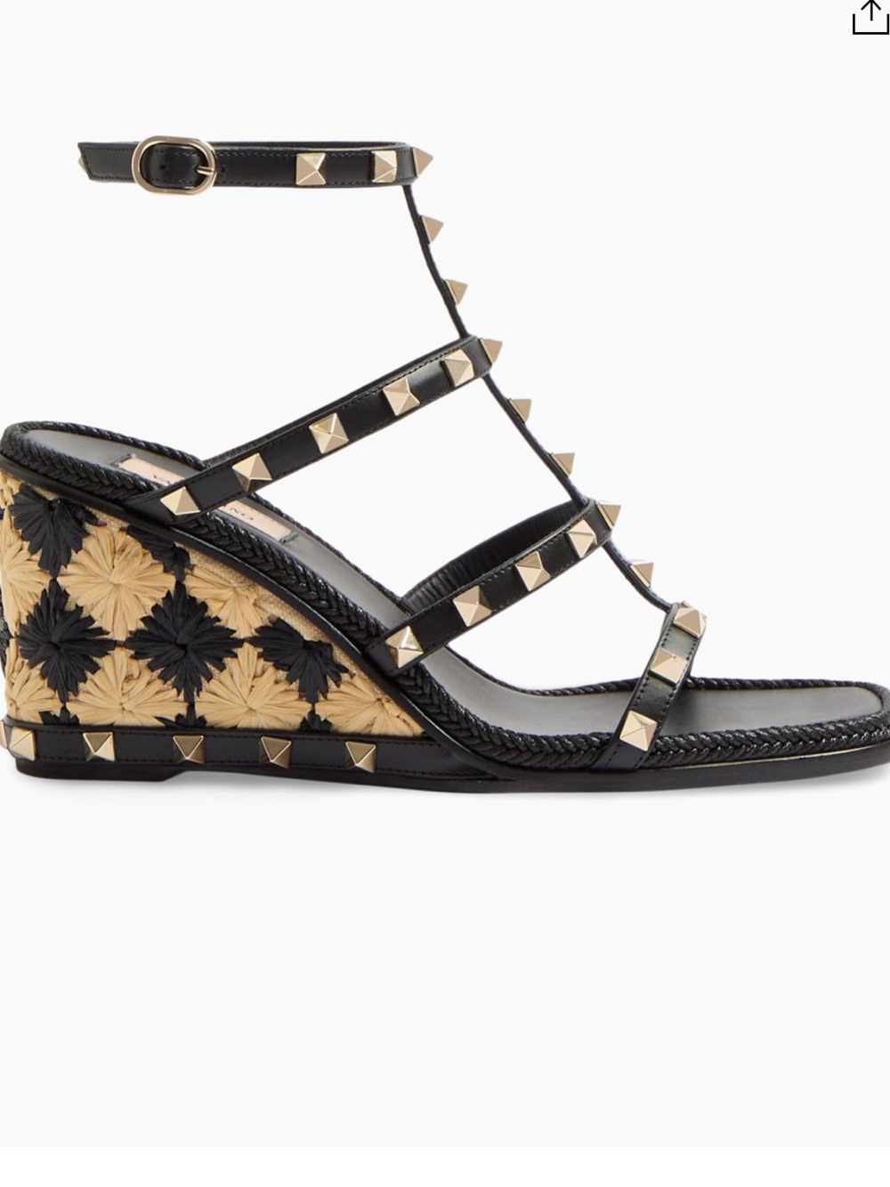 Valentino Black Leather Rockstud raffia wedge sandals 80MM